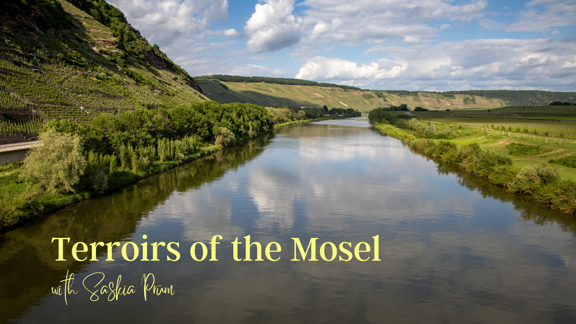 Mosel River landscape with overlain text reading 'Terroirs of the Mosel with Saskia Purm'