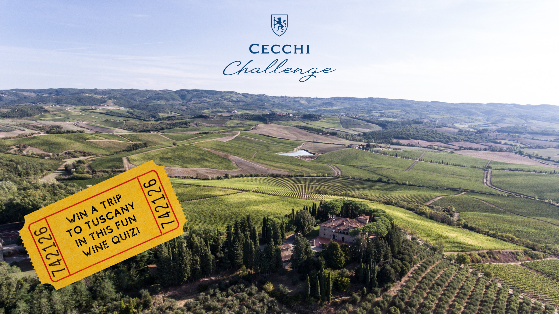 A landscape of Tuscan vineyards with the Cecchi logo above. On top is an image of a ticket with the following text: 'Win a trip to Tuscany in this fun wine quiz!'